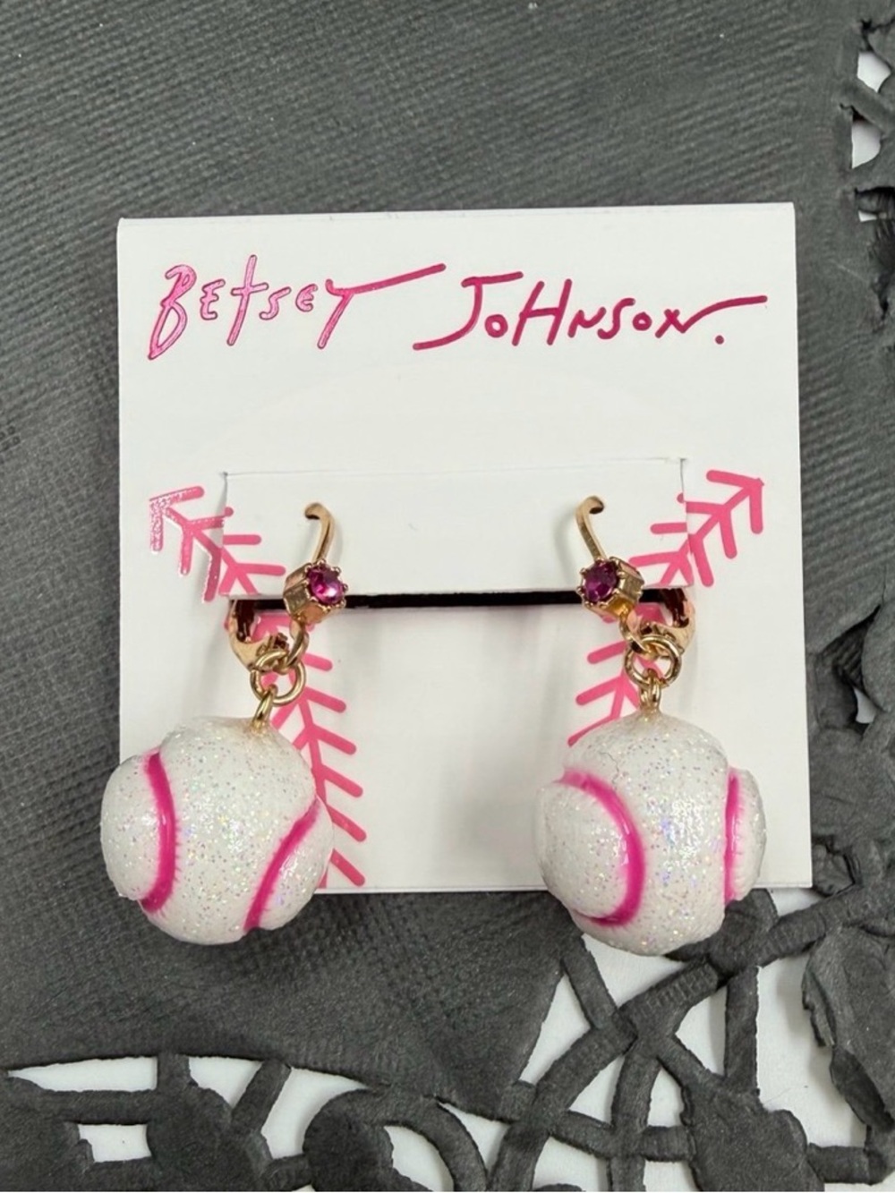 Betsey Johnson Baseball Drop Earrings Glitter Pink Sporty Cute